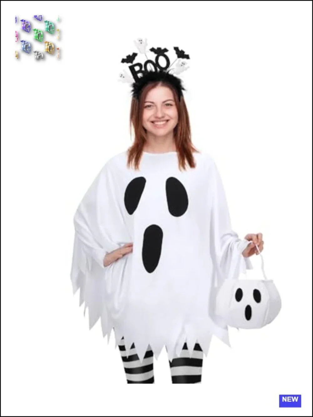 Ghost Halloween Costume Set for Women with Poncho Tights Headband Candy Bag